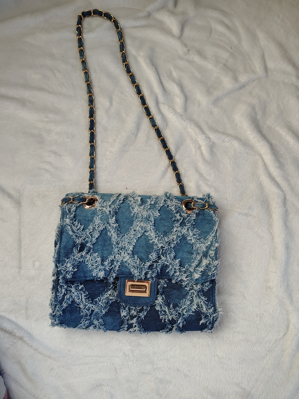 Blue Distressed Denim Crossbody Bag with Chain Strap